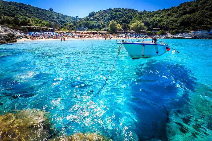 This is a picture of lovely Vrika Beach on the stunning island of Antipaxos in Greece. Paxos Travel Guide by Rick McEvoy