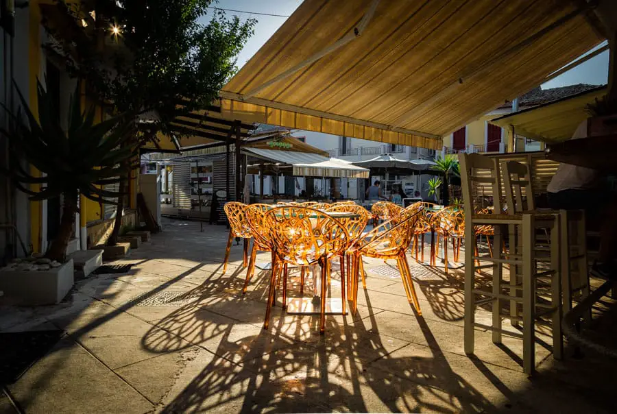 Tables at sunrise in Lakka