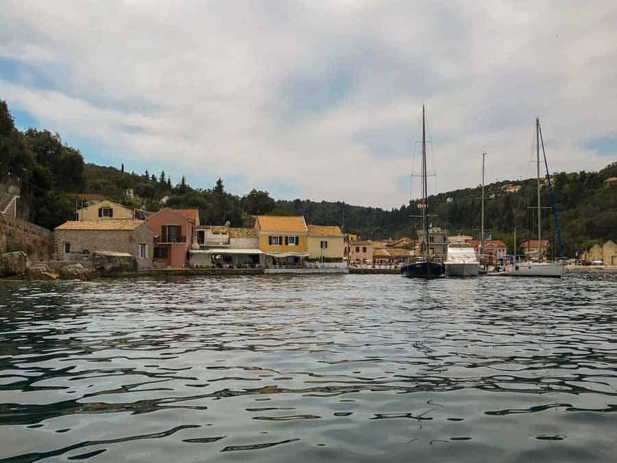 View of Loggos on the Greek Island of Paxos from a boat