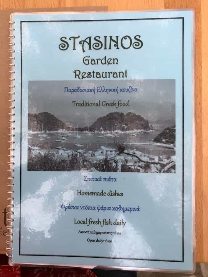 Menu at the Stasinos Garden Restaurant in Lakka