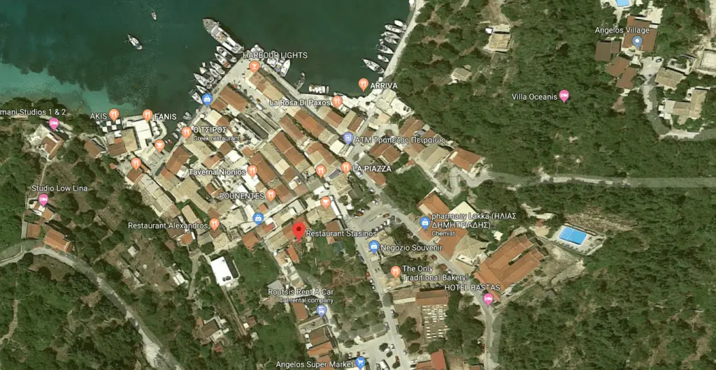 Location of the Stasinos Garden Restaurant in Lakka